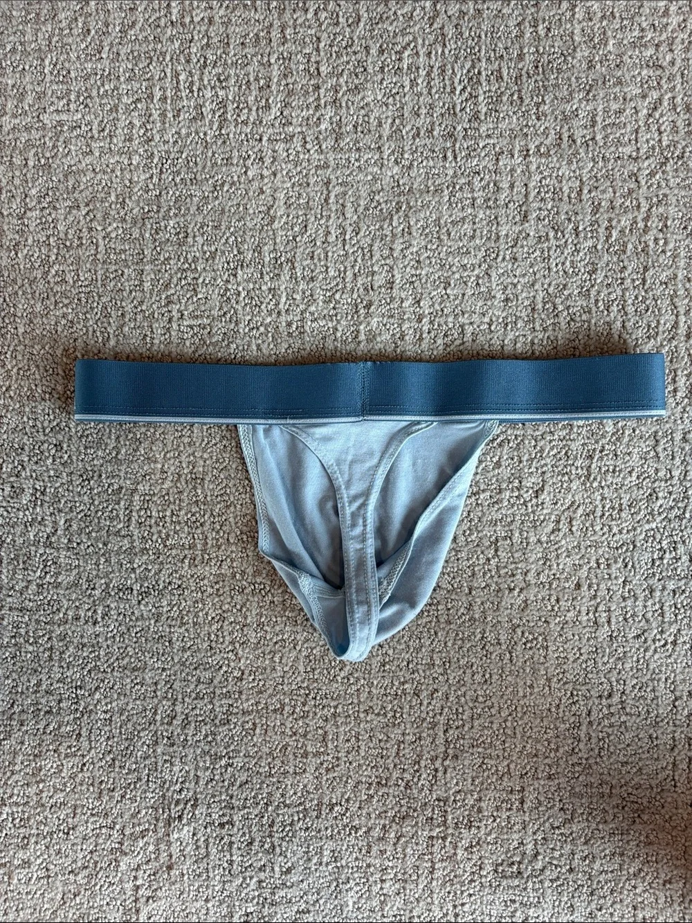Obviously Men's Thong in Light Gray with Blue Waistband